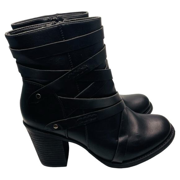 Pierre Dumas black moto strappy block heel ankle booties 9 - Picture 1 of 8